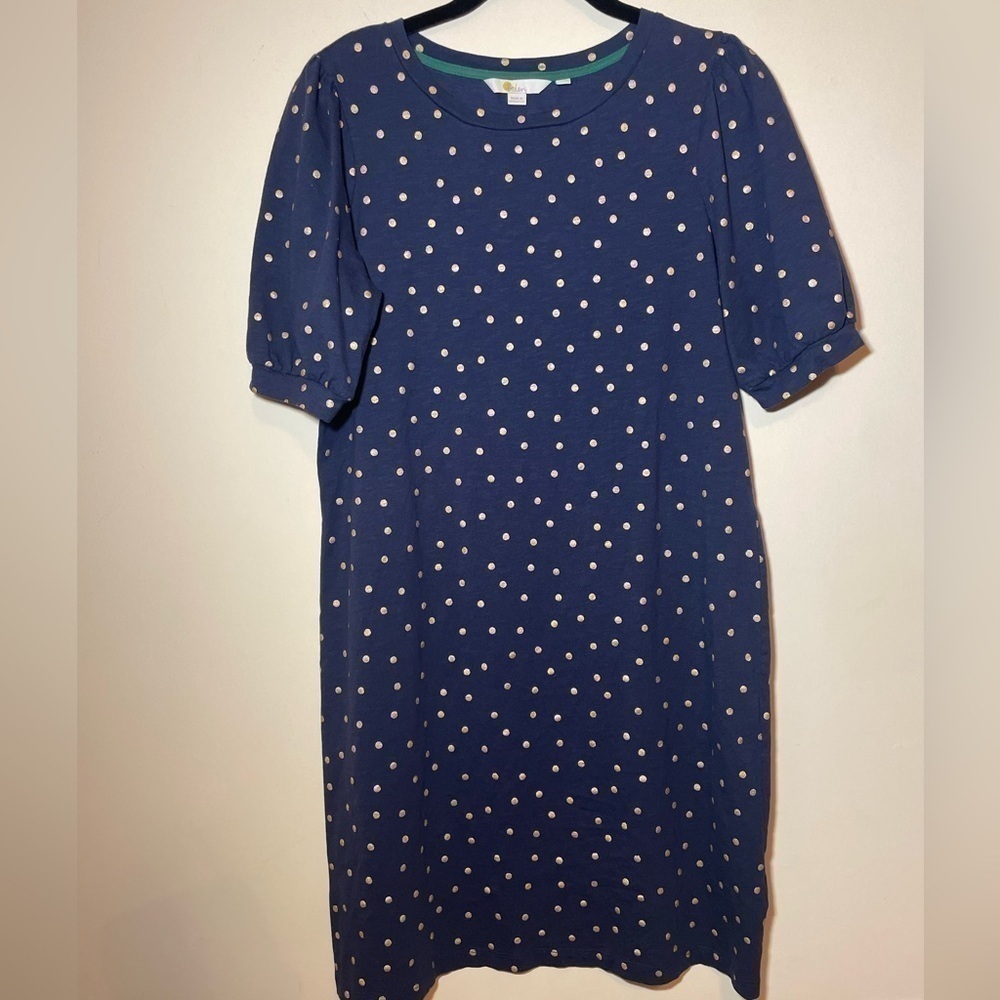 Boden Zoe Jersey T-Shirt Dress - Navy and Gold Metallic Polka Dot Mini - Picture 2 of 7